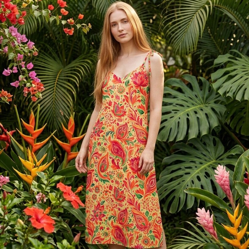 Sunset Paisley Lotus Garden Chiffon Midi Dress | SAGE RIO