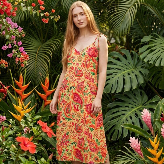 Sunset Paisley Lotus Garden Chiffon Midi Dress | SAGE RIO