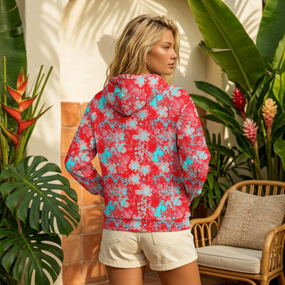 Electric Hibiscus Coral Fleece Hoodie Sweatshirt | SAGE RIO