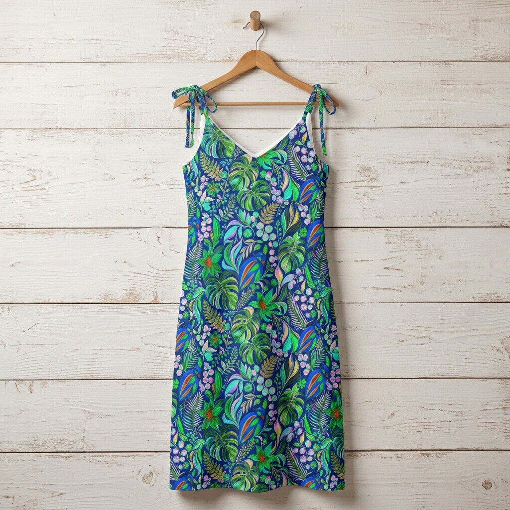 Electric Blue Tropical Botanical Chiffon Midi Dress | SAGE RIO