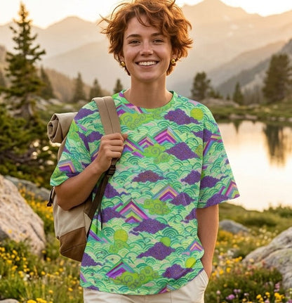 Celestial Mountain Glow Green Cotton T-Shirt | SAGE RIO