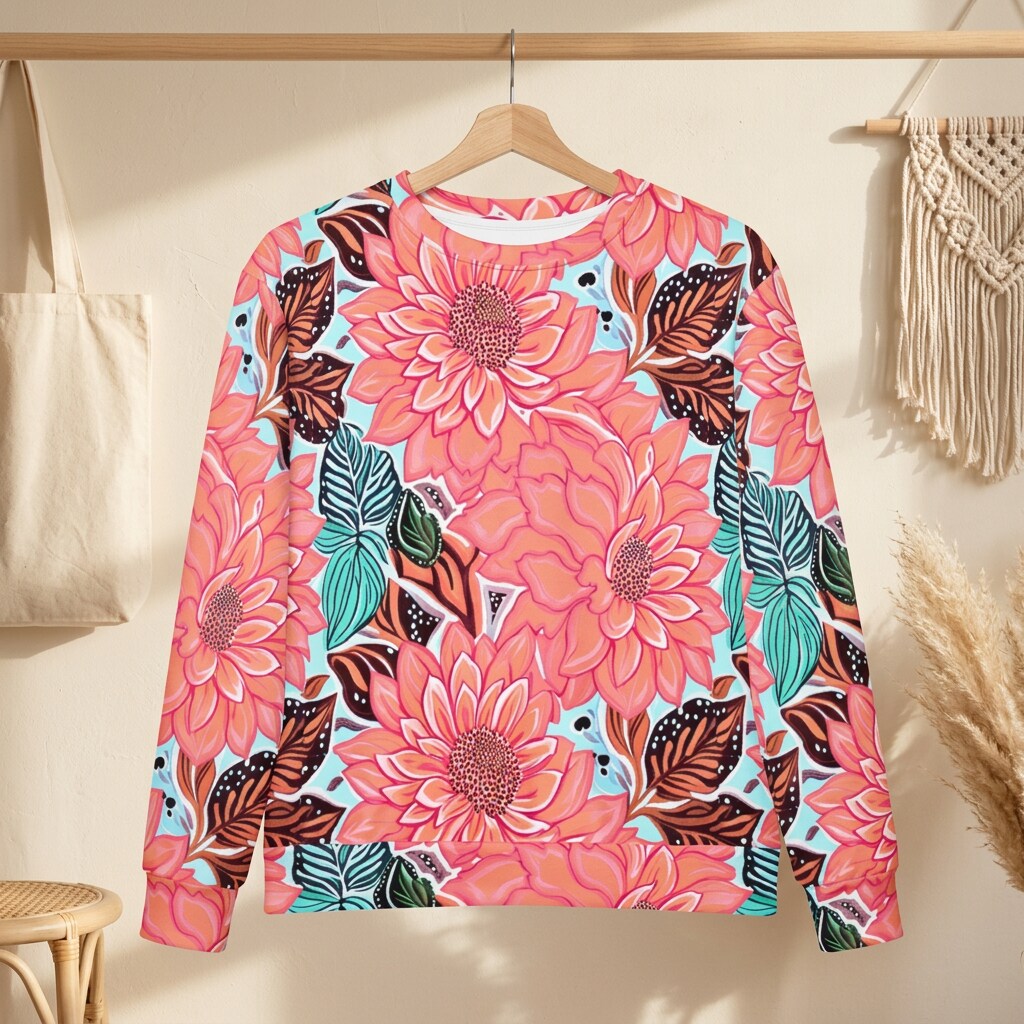 Coral Dahlia Aqua Oversized Cotton Sweatshirt | SAGE RIO