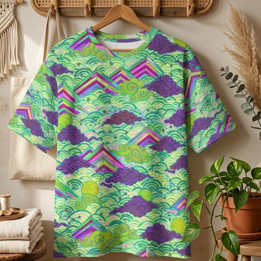 Celestial Mountain Glow Green Cotton T-Shirt | SAGE RIO