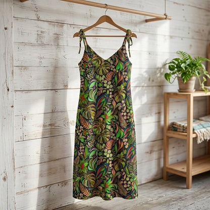 Midnight Green Tropical Botanical Chiffon Midi Dress | SAGE RIO