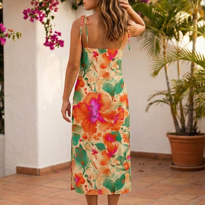 Tropical Hibiscus Papaya Sunset Chiffon Midi Dress | SAGE RIO