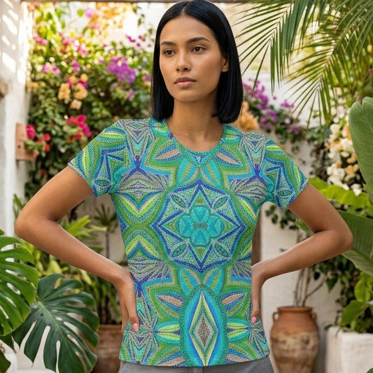 Lagoon Kaleidoscope Green Cotton T-Shirt | SAGE RIO