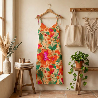 Tropical Hibiscus Papaya Sunset Chiffon Midi Dress | SAGE RIO