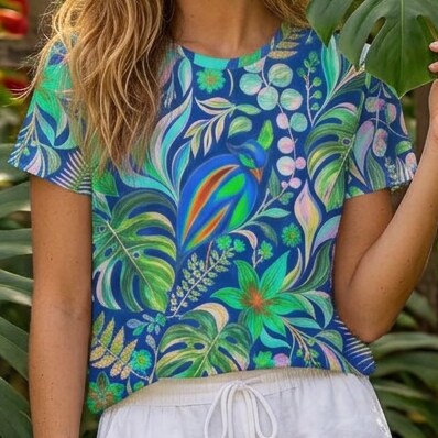 Tropical Bird Garden Cotton T-Shirt | SAGE RIO