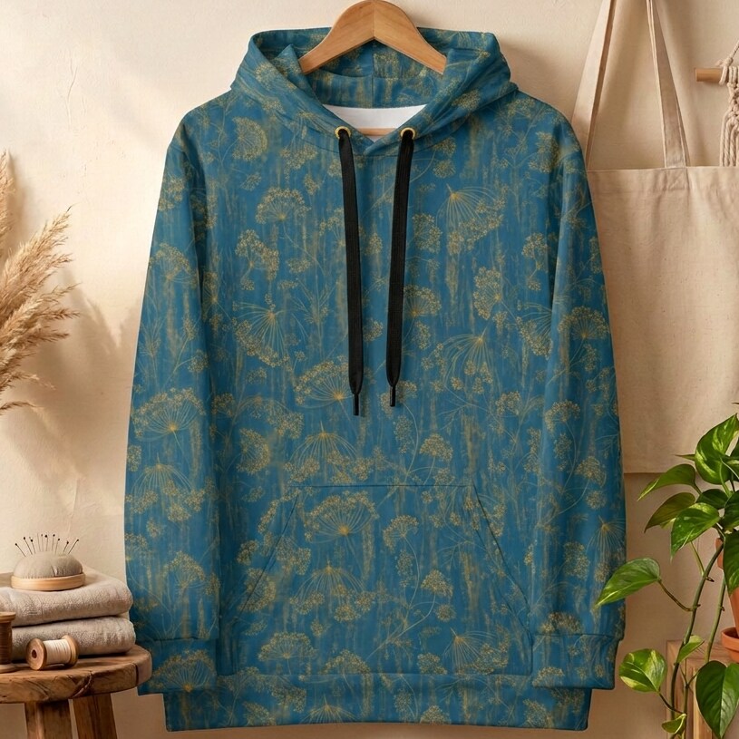 Golden Wildflower Teal Fleece Hoodie Sweatshirt | SAGE RIO