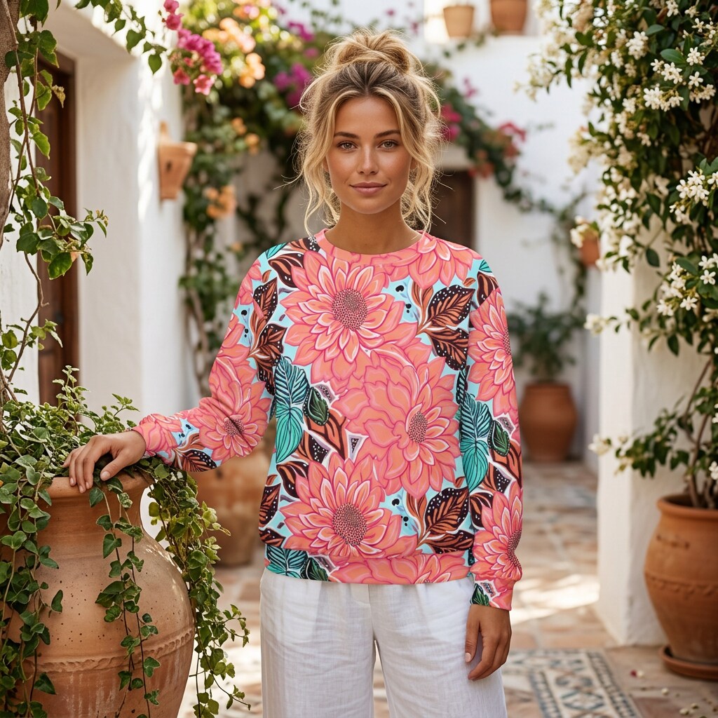 Coral Dahlia Aqua Oversized Cotton Sweatshirt | SAGE RIO