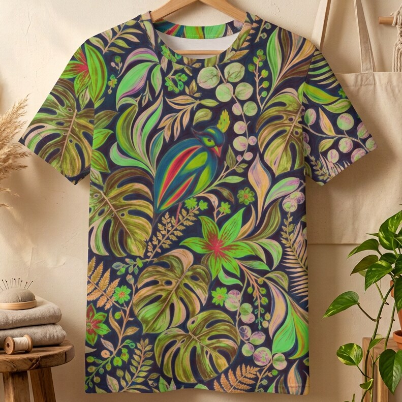 Midnight Tropical Bird Garden Cotton T-Shirt | SAGE RIO