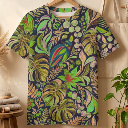 Midnight Tropical Bird Garden Cotton T-Shirt | SAGE RIO