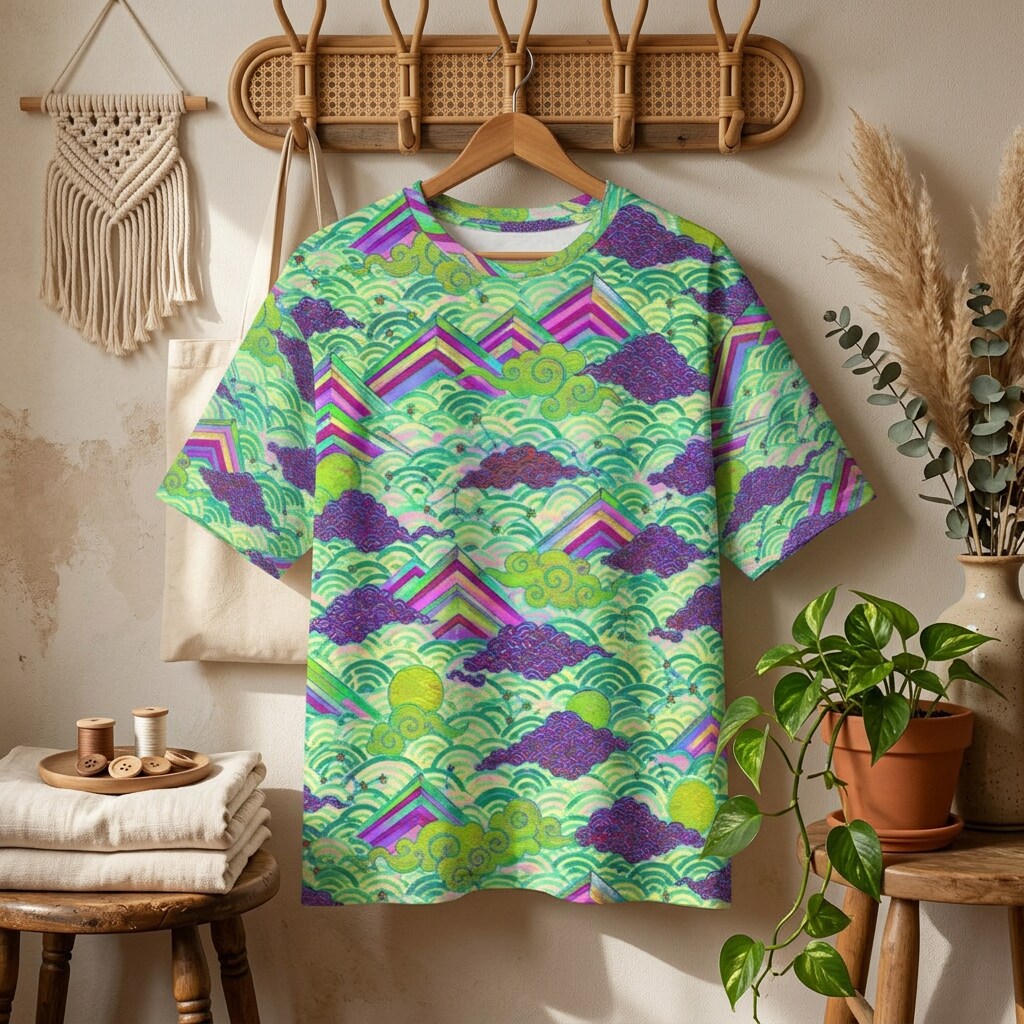 Celestial Mountain Glow Green Cotton T-Shirt | SAGE RIO