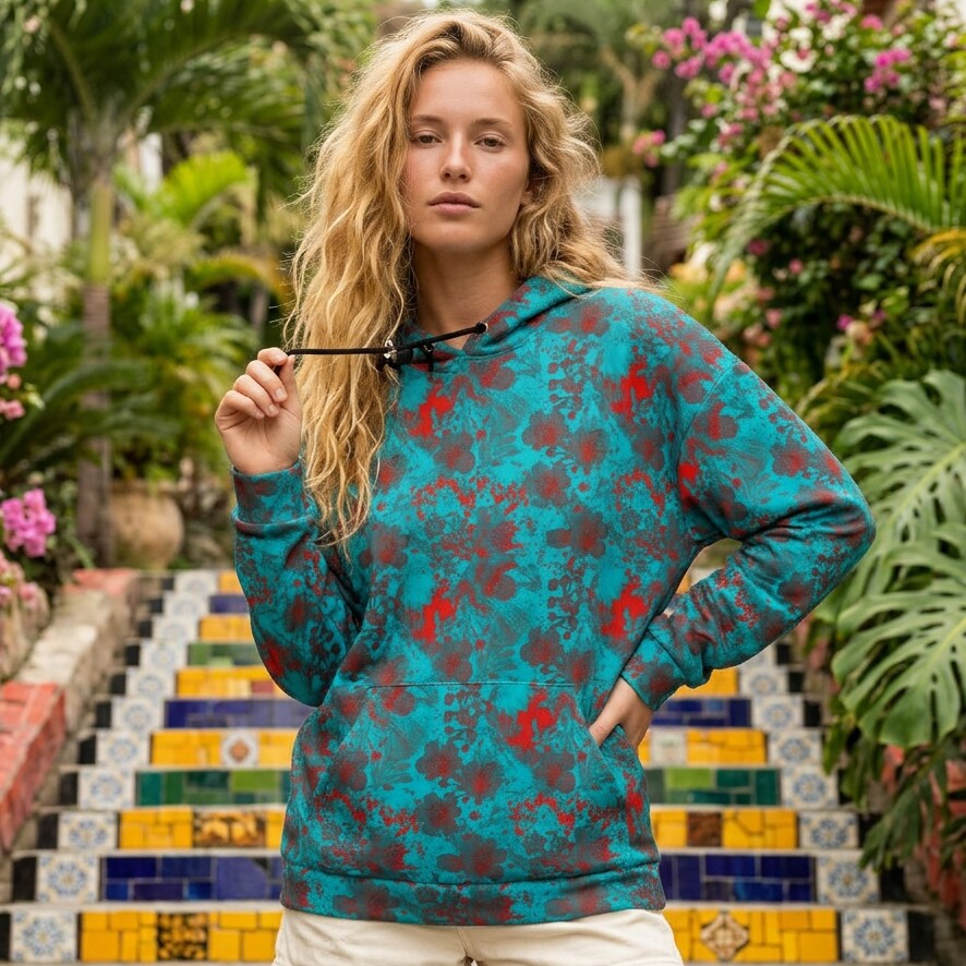 Tropical Teal Bloom Fleece Hoodie Sweatshirt | SAGE RIO