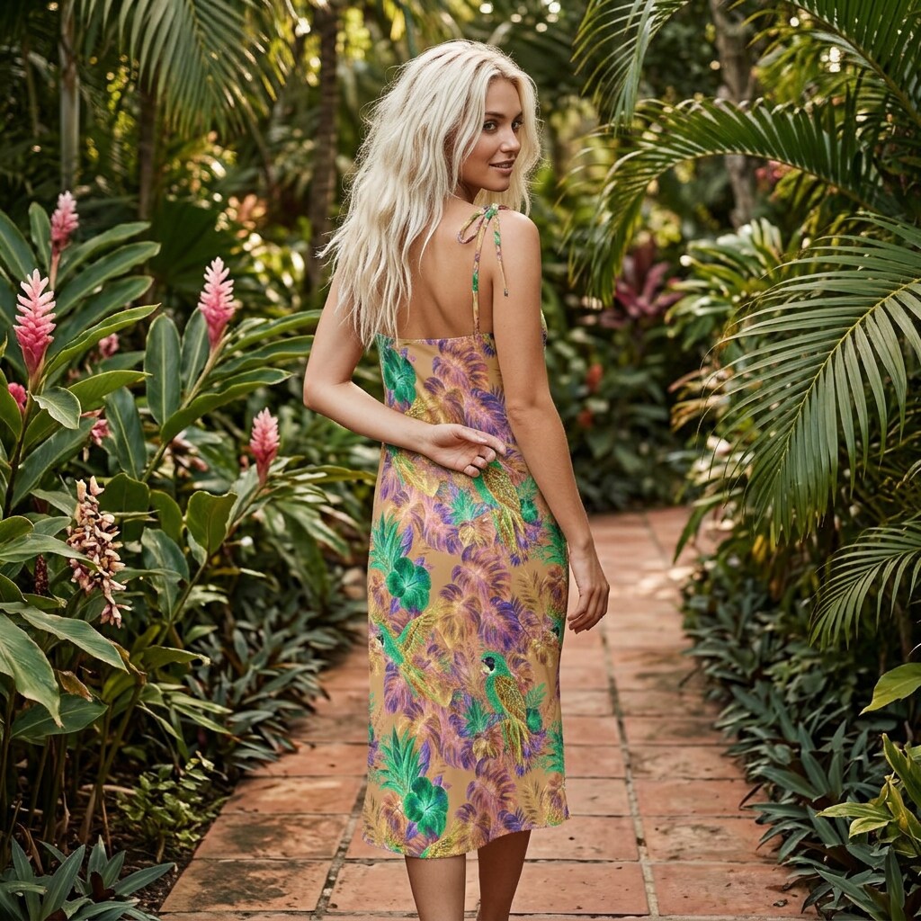Golden Parrot Tropics Chiffon Midi Dress | SAGE RIO