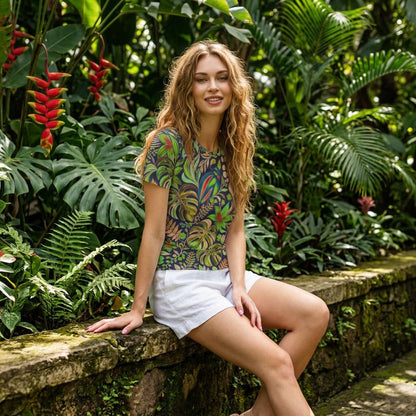 Midnight Tropical Bird Garden Cotton T-Shirt | SAGE RIO