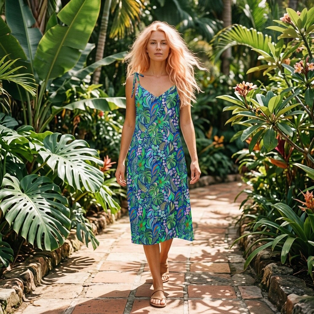 Electric Blue Tropical Botanical Chiffon Midi Dress | SAGE RIO