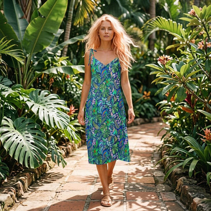 Electric Blue Tropical Botanical Chiffon Midi Dress | SAGE RIO