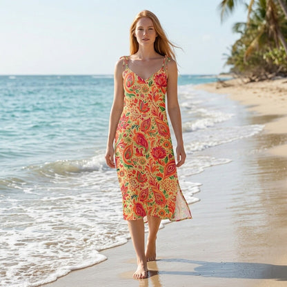 Sunset Paisley Lotus Garden Chiffon Midi Dress | SAGE RIO