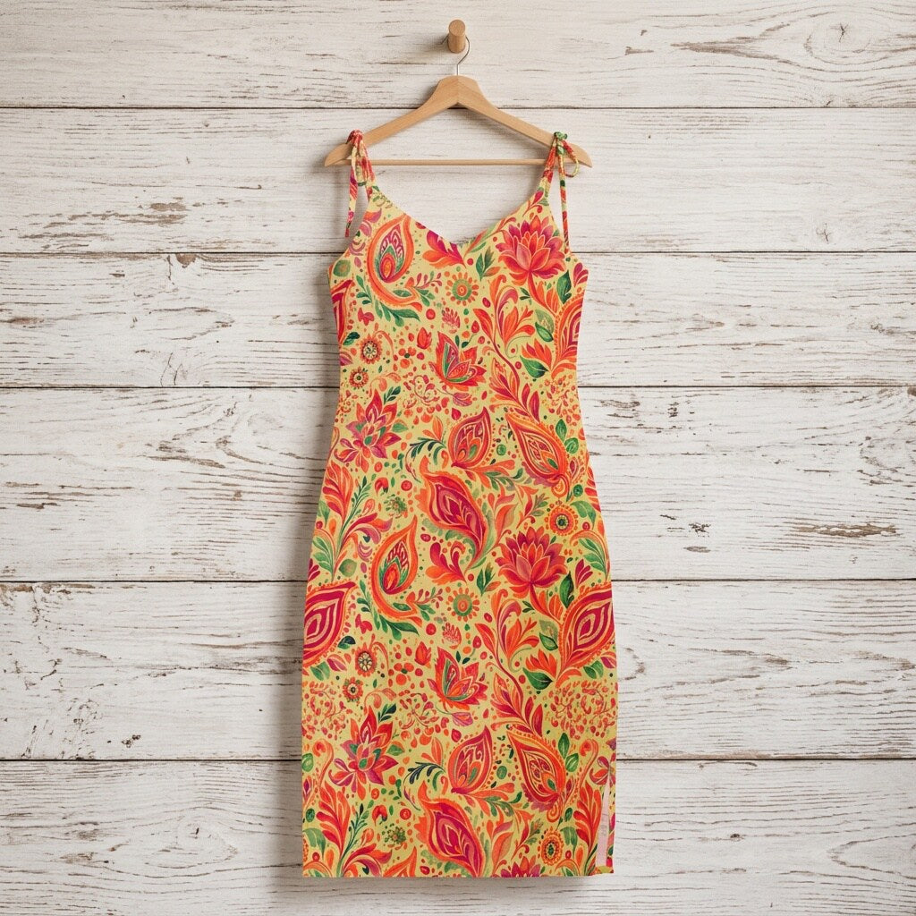 Sunset Paisley Lotus Garden Chiffon Midi Dress | SAGE RIO