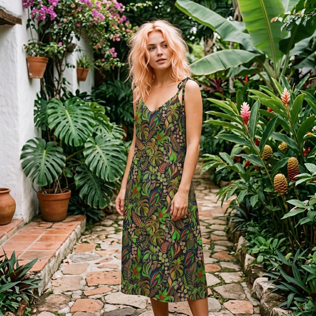 Midnight Green Tropical Botanical Chiffon Midi Dress | SAGE RIO