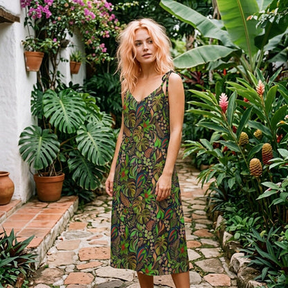 Midnight Green Tropical Botanical Chiffon Midi Dress | SAGE RIO