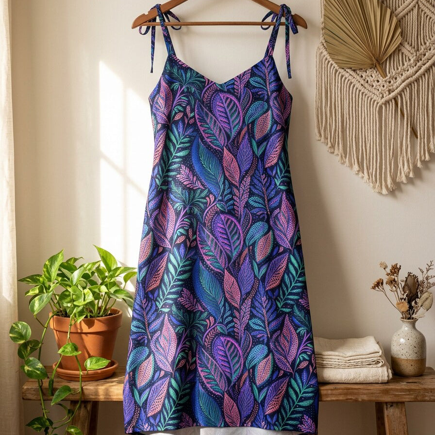 A sleeveless slip dress with a colorful purple, blue, and pink leaf pattern, hanging on a wooden hanger on a wall in a styled room with a macrame wall hanging, a potted plant, and a wooden bench.