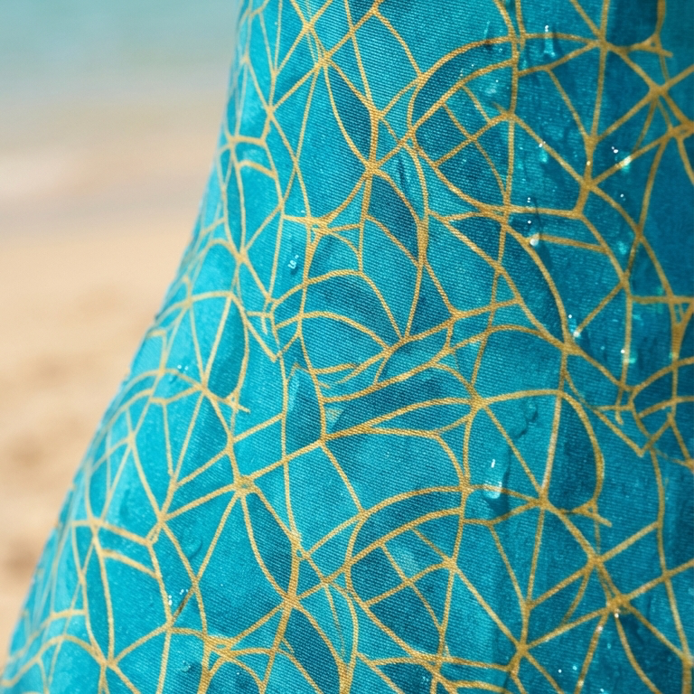 Close-up of a blue fabric with gold geometric patterns on a beach background