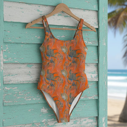 Art Deco Orange Shell One-Piece Swimsuit