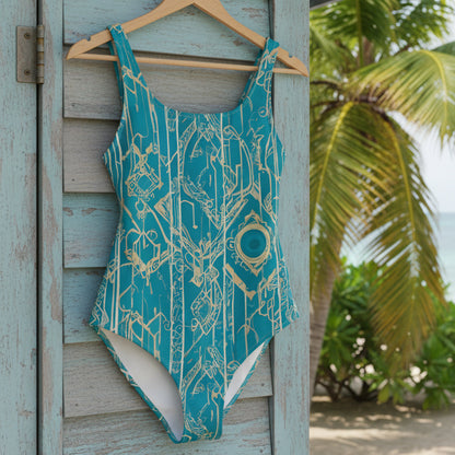 Art Deco Turquoise Eye One-Piece Swimsuit