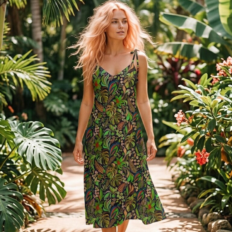 A woman stands in a tropical garden wearing a sleeveless midi dress with a dense multicolor botanical print featuring green, pink, orange, and blue leaves and flowers.