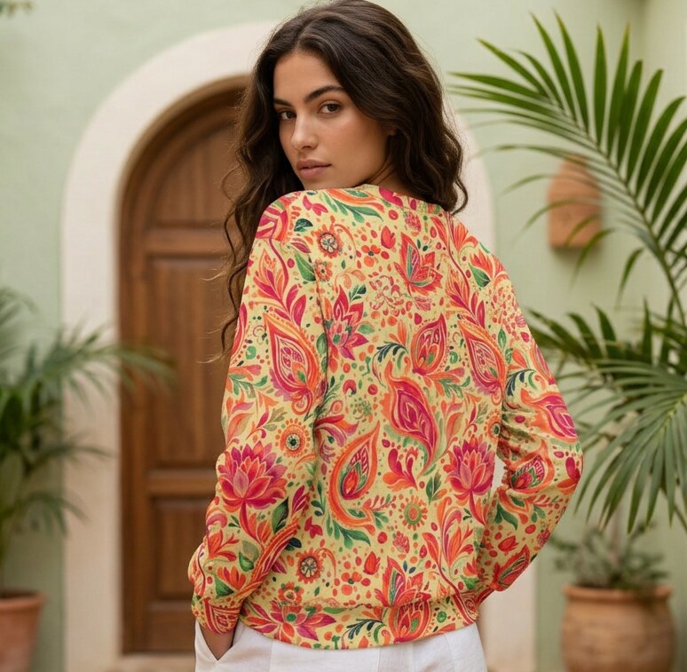 A woman wearing a vibrant, multicolor paisley print jacket with long sleeves, photographed from the back in an outdoor courtyard setting with a wooden door and potted plants.