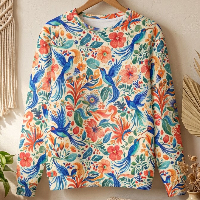 A long-sleeve crewneck sweatshirt featuring a vibrant, all-over Mexican-style print with blue birds, red flowers, and green foliage on an off-white background, hanging on a wooden hanger against a textured beige wall.