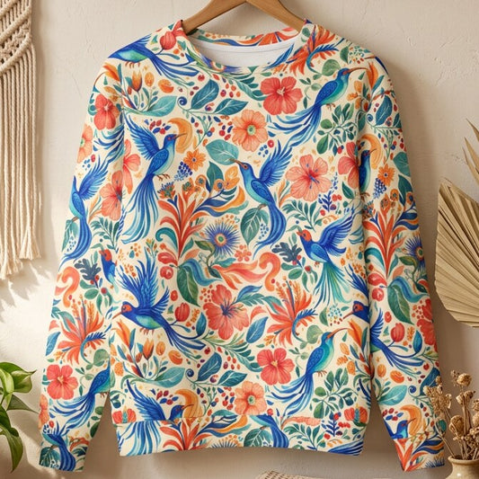 A long-sleeve crewneck sweatshirt featuring a vibrant, all-over Mexican-style print with blue birds, red flowers, and green foliage on an off-white background, hanging on a wooden hanger against a textured beige wall.